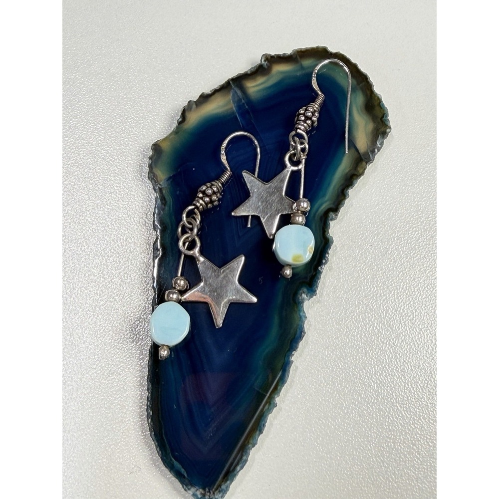 925 Celestial Star Earrings Sterling Silver Blue Glass Bead Boho Artisan Dangle